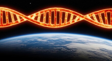 Glowing orange double helix dna strand floating above planet earth in the vastness of space, symbolizing life and science