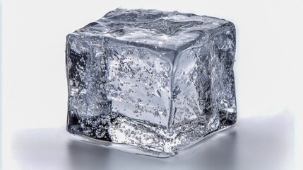 Obraz premium Single Ice Cube on White Reflective Surface - Refreshing Beverage Element, Transparent Texture