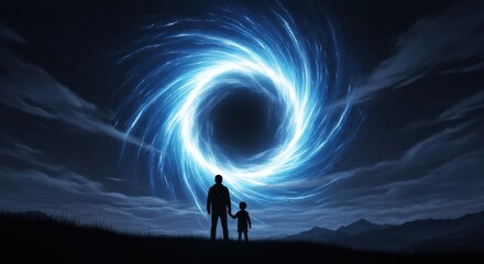 Fototapeta premium Father and child silhouette gazing at a mesmerizing swirling blue energy vortex portal in the night sky
