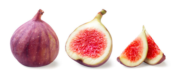 Set of ripe figs, half and pieces on a white background. Isolated