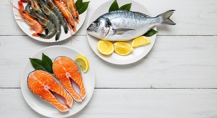 Fresh Seafood Assortment on White Wood Background Ready to Cook