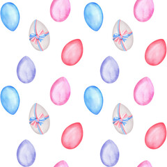 Seamless pattern with white, blue, red, pink, purple and blue watercolor Easter eggs. Happy Easter clipart. Colorful springtime. Hand-drawn illustration for wrapping paper, tablecloth, napkins design
