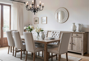 An elegant and inviting traditional dining room featuring a classic black chandelier, beautiful tufted chairs, and a charming round mirror for a sophisticated feel.

