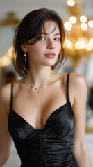 Brunette in low cut black satin dress