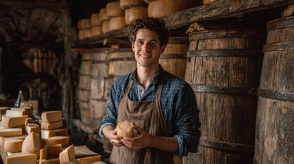 A young cheesemaker stands in front of ancient wooden barrels filled with aged cheese. He holds a piece of cheese in his hands and smiles at the camera.