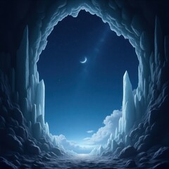 An otherworldly gateway opens to a celestial sky filled with stars and a crescent moon