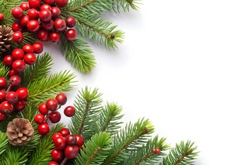 Christmas fir branch with red berry and pine cone isolated on white background, festive season decoration for holiday greeting card and new year celebration
