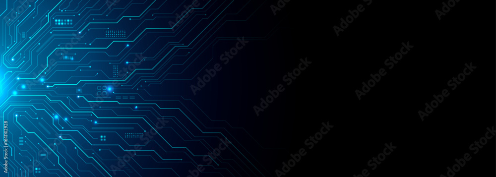 Wall mural circuit board components on a technology blue background. horizontal web banner with empty place for