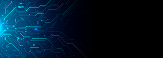 Circuit board components on a technology blue background. Horizontal web banner with empty place for text. AI chip on a futuristic chipset motherboard. Tech bg. Abstract digital vector illustration.