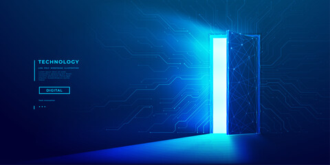 Digital open door with neon blue bright light. Circuit board on a wall. Computer innovation concept. Gateway to the world of AI. Technology background. Abstract low poly wireframe vector illustration.