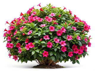 Bush of stunning Mandevilla flowers in full bloom with vibrant colors