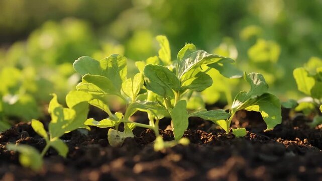 Watering can in fast panning motion, seedlings and farming at sunrise.