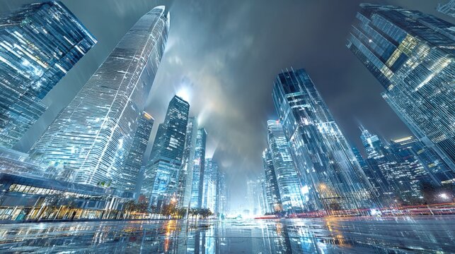 Futuristic Cityscape at Night: Low Angle View of Modern Architecture and Urban Illumination