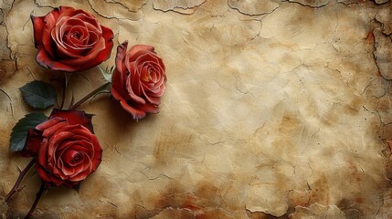 Three elegant red roses with thorns and green leaves arranged on aged parchment, creating a timeless romantic backdrop with ample copy space for text or design