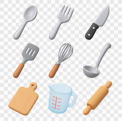 Kitchen Utensils Vector Icon Set | 3D icon set | Spoon, Fork, Kitchen knife, Spatula, Whisk, Ladle, Cutting Board, Measuring Cup, Rolling Pin