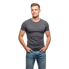 Fototapeta premium Sportlicher blonder Mann steht mit Händen in den Taschen, transparenter Hintergrund, PNG