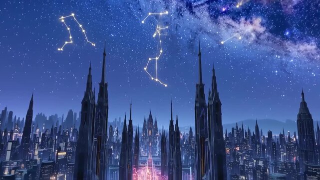 Futuristic city skyline under a night sky with a constellation