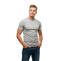 Fototapeta premium Sportlicher blonder Mann steht mit Händen in den Taschen, transparenter Hintergrund, PNG