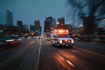 Fototapeta premium Emergency response vehicle driving quickly through urban city streets at night with lights flashing amid a blurred cityscape backdrop
