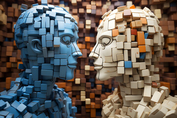 Two abstract sculptures face each other in a textured environment filled with geometric shapes and colors, showcasing a modern artistic dialogue