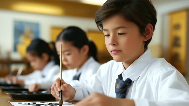 Young students in traditional Japanese attire honing their calligraphy skills.