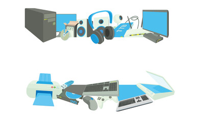 Computer hardware and software icons are creating two horizontal banners on white background