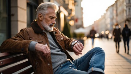 Handsome mature man with gray hair and beard wearing brown leather jacket and blue jeans sitting on bench in city center checking time on his wristwatch during sunny day