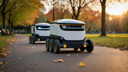 Two self driving delivery robots navigating a path in a park, surrounded by vibrant autumn trees, while basking in the warm glow of a beautiful sunset