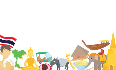 Thai culture and tourism are represented by various national symbols, including traditional food, architecture, wildlife, and religious figures