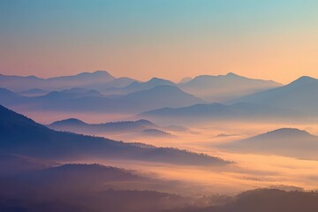Obraz premium Majestic Mountain Range at Sunrise with Foggy Valleys and Soft Pastel Sky Hues Offering a Serene Landscape View