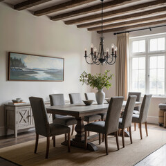 Fototapeta premium An elegant and spacious rustic dining room featuring dramatic exposed ceiling beams, a classic black chandelier, and a large table perfect for family gatherings. 