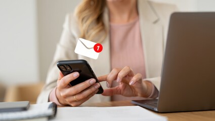 Businesswoman using mobile phone is reading new email with notification alert, working on laptop computer at office desk, checking online message, receiving communication via internet