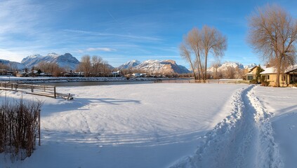 Obraz premium Panoramic winter scene of a snow-covered riverside park