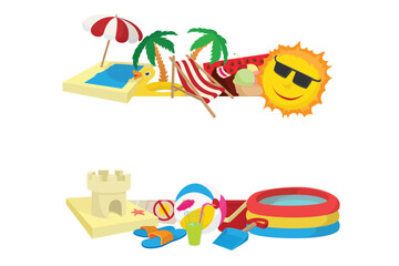 Cartoon summer elements creating a cheerful vacation atmosphere, ideal for travel and leisure projects