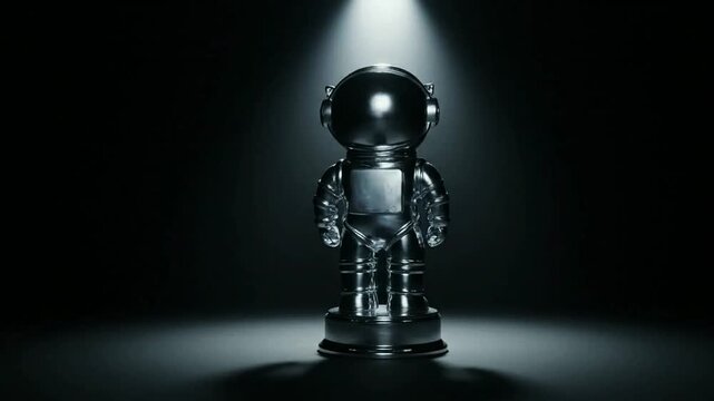An astronaut trophy rotates under a spotlight representing an award for achievement in music or science