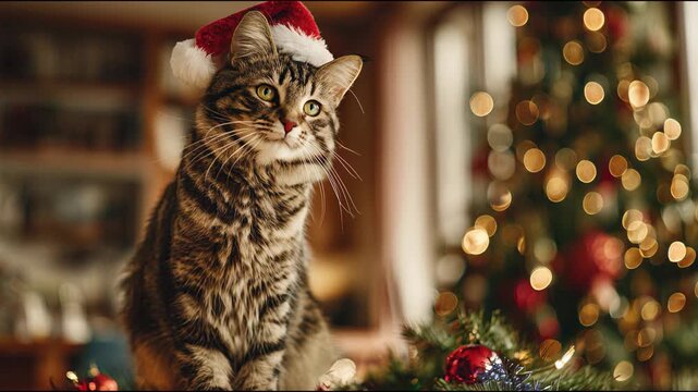 Charming tabby cat in Santa Claus hat. Christmas tree decorated in the background. Cozy home video background for New Year or Christmas greeting card.