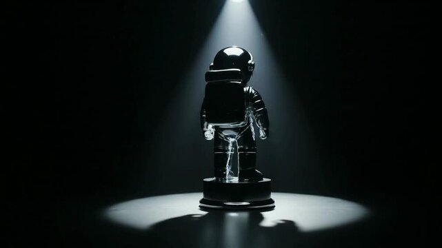 A glass astronaut award trophy rotates under a spotlight in a dark room