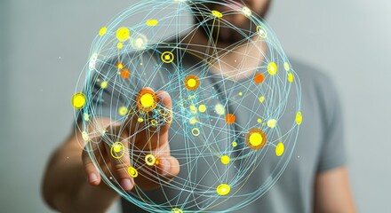 Global Network Visualization: Man Touching Abstract Digital Sphere, Representing Connectivity and Modern Technology