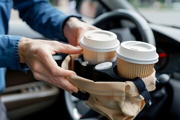 Person holding a coffee cup carrier with two cups in a car, showcasing a morning routine