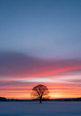 Fototapeta premium Solitary Tree Silhouetted Against a Vibrant Winter Sunrise