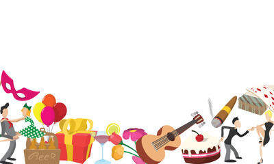 Festive party scene with dancing couples, musical instruments, gifts, drinks, and celebratory elements creating a joyful atmosphere