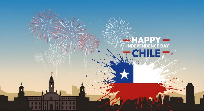 Chilean Independence Day: Patriotic Splatter Flag over Santiago Skyline with Fireworks