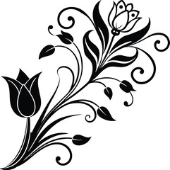 Vector art of black tulip floral arrangement with swirling stems and leaves, isolated on white background for elegant design