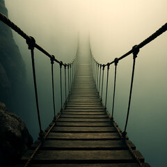 Obraz premium Suspension bridge disappearing into thick fog and mist