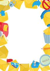 Yellow envelopes forming a vertical frame with various postal and office icons, ideal for mail and communication themed projects