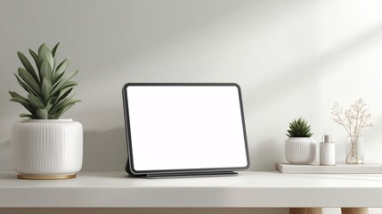 Fototapeta premium Clean modern workspace featuring a minimalist tablet with an empty white screen on a pristine white desk, perfect for mockup use.