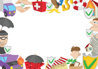 Fototapeta premium Cartoon style icons framing a white background, representing various insurance services covering diverse life situations and potential risks