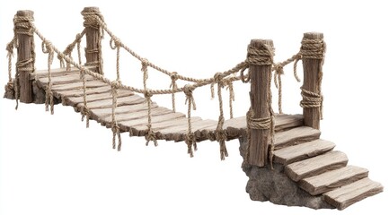 Rustic rope bridge with wooden planks and weathered posts