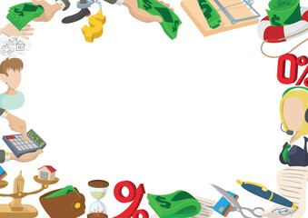 Cartoon style financial icons creating a frame, symbolizing money, banking, investment, and financial decisions