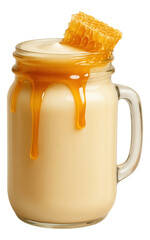 Honey milkshake in a jar with a honey drizzle and honeycomb piece